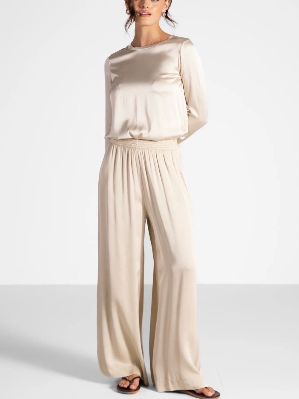 Jaki London Daisy Elastic Cream Satin Wide Leg Pants XS New